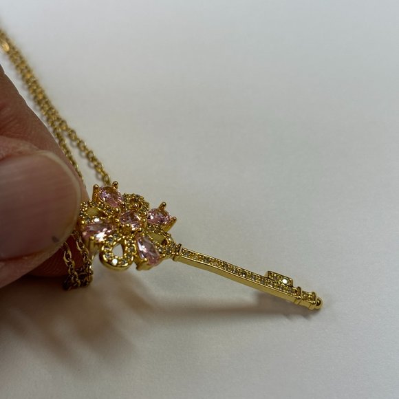 Gold 2 ct Zircon and Rose Quartz Pendant Necklace - Picture 13 of 17